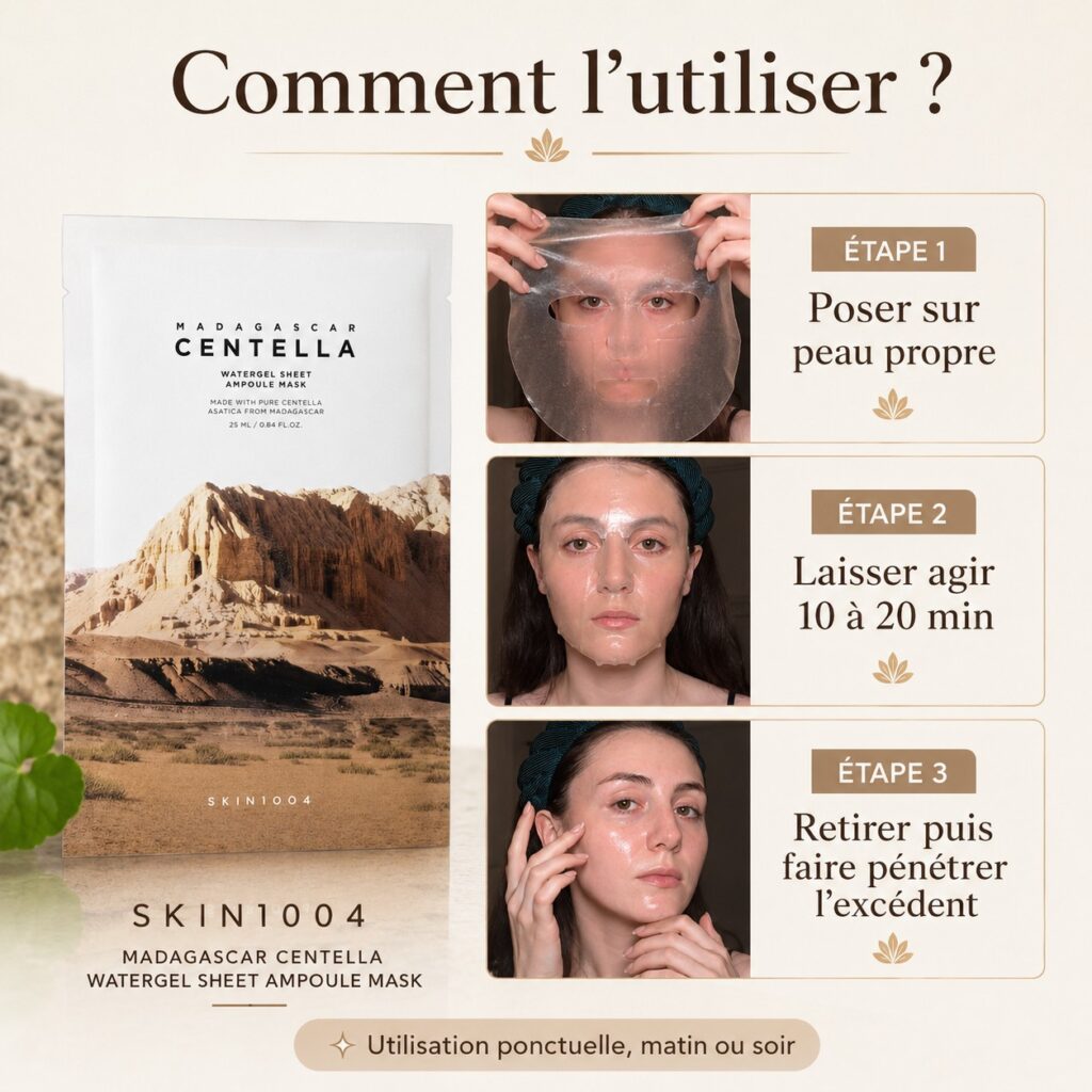 Mode d’utilisation du SKIN1004 Madagascar Centella Watergel Sheet Ampoule Mask illustré étape par étape.