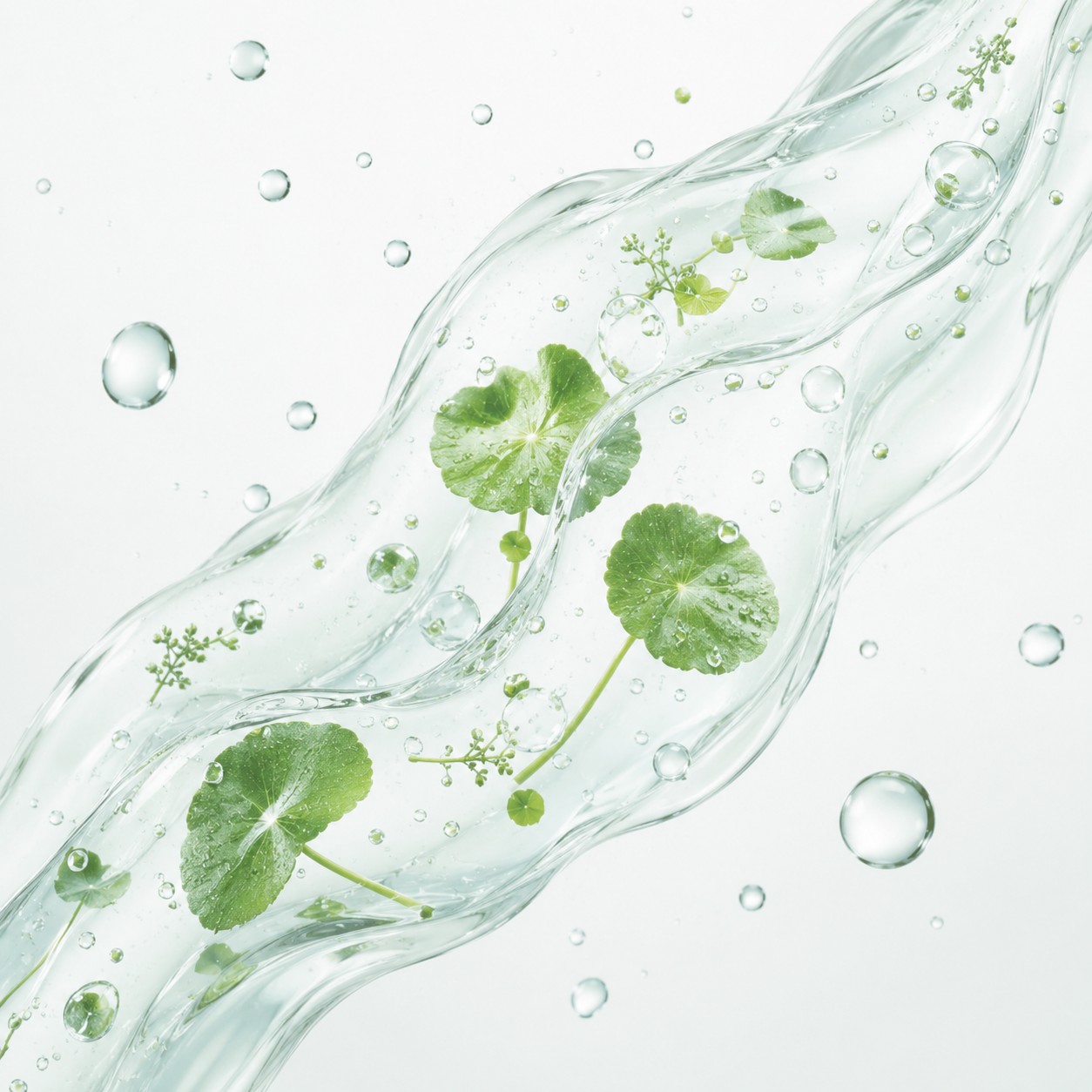 Texture aqueuse et transparente inspirée du masque SKIN1004 Madagascar Centella, avec feuilles de centella et gouttes d’eau.