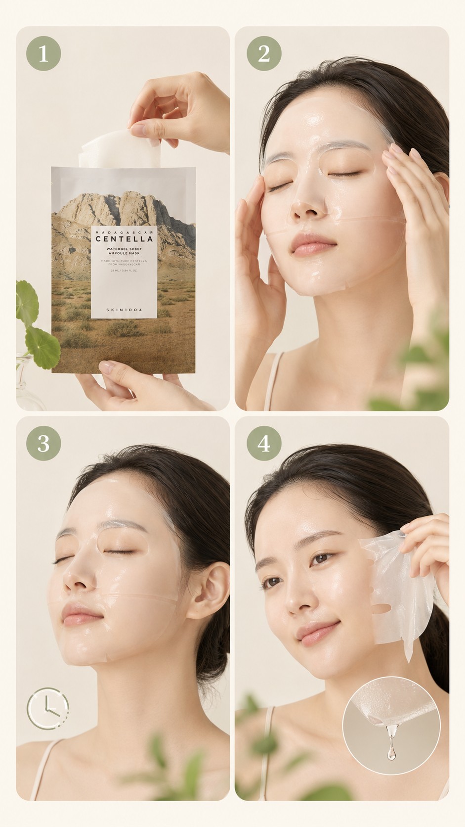 Guide visuel en quatre étapes montrant l’ouverture, la pose, le temps de pause et le retrait du masque SKIN1004 Madagascar Centella.