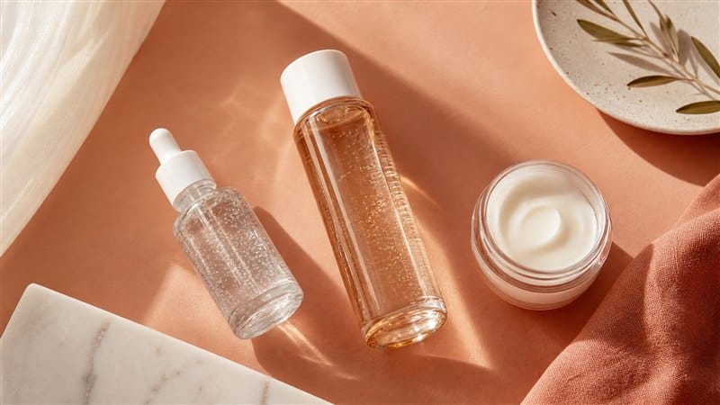 Flat lay routine hydratation coréenne sérum HA toner crème peau mature