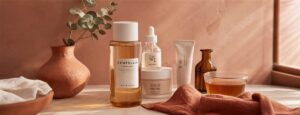 Soins à la centella asiatica K-beauty pour peau sensible mature sur fond terracotta