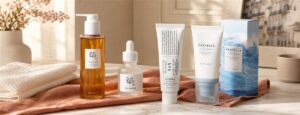 Routine matin peau mature 4 étapes : produits K-beauty sélectionnés pour peaux 40+ sur fond clair lumineux