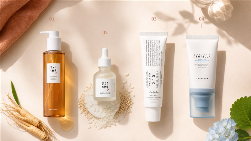 Flat lay routine matin peau mature : 4 produits K-beauty Beauty of Joseon, Dr Althea, Skin1004 sur fond terracotta