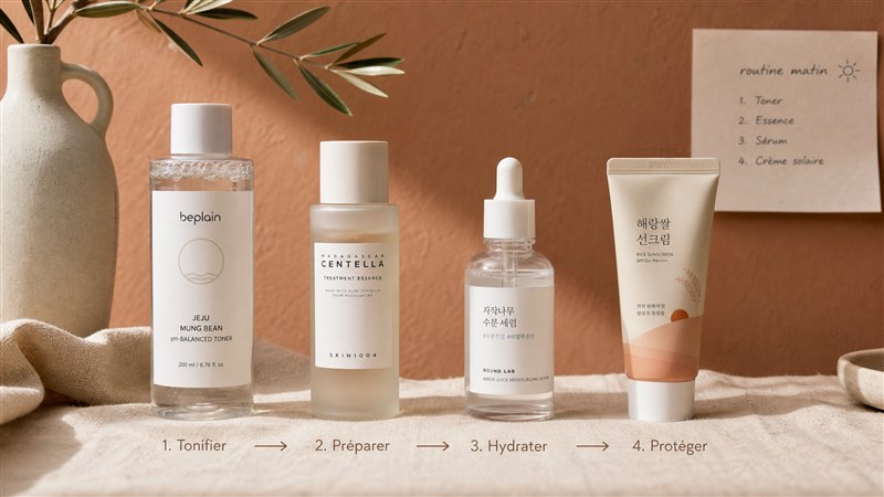 Les étapes d'une routine coréenne matin pour débuter : toner, essence, sérum HA et SPF