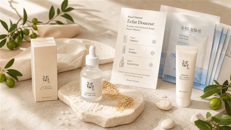 Routine K-beauty anti-taches peau mature avec sérum alpha-arbutine et protection solaire SPF 50
