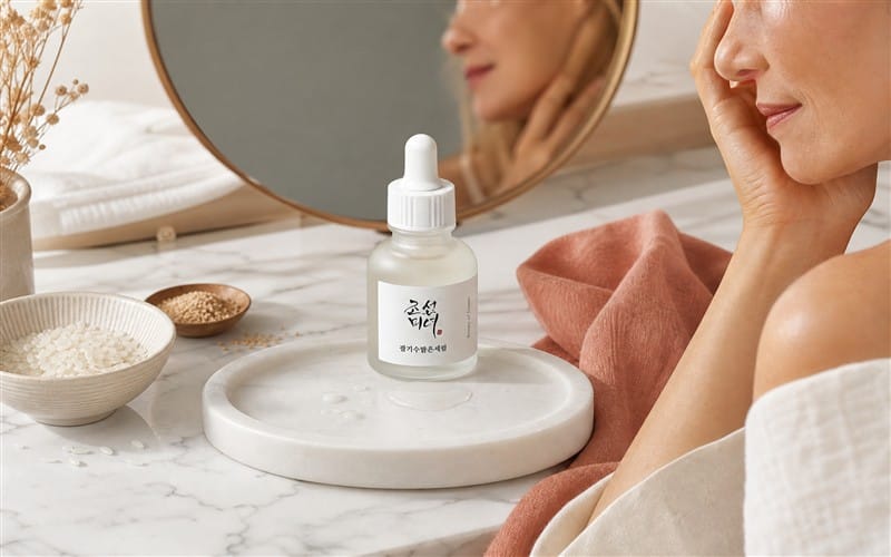 Sérum vitamine C stabilisé K-beauty appliqué sur peau mature, texture légère qui pénètre rapidement