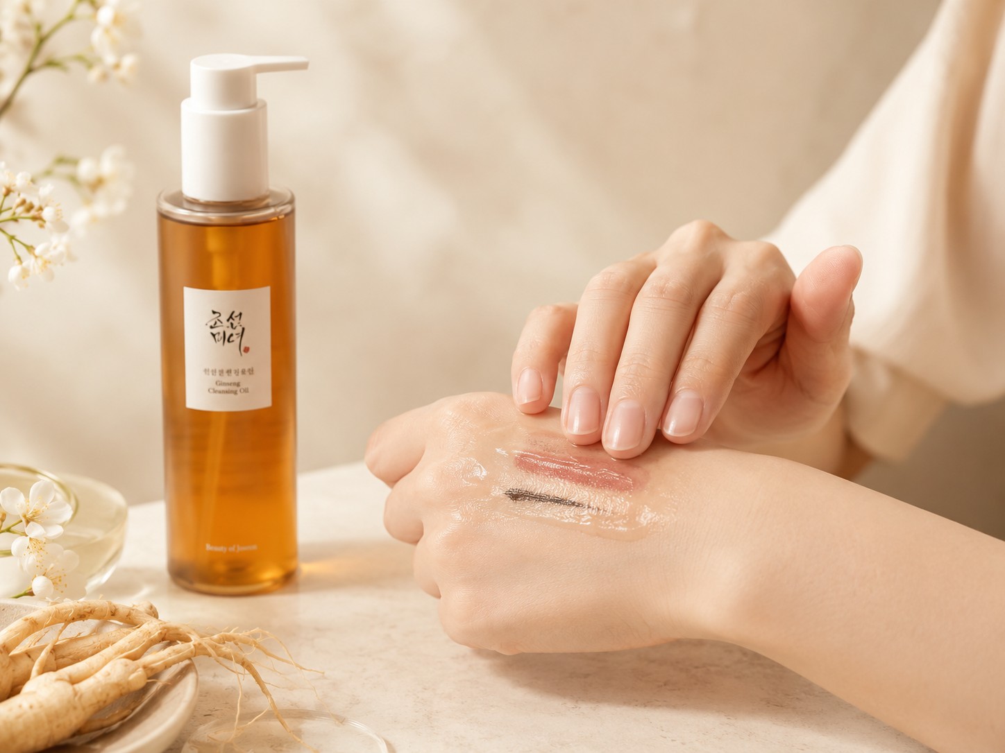 Beauty of Joseon Ginseng Cleansing Oil appliquée sur du maquillage pour illustrer la dissolution des résidus gras avant le rinçage.
