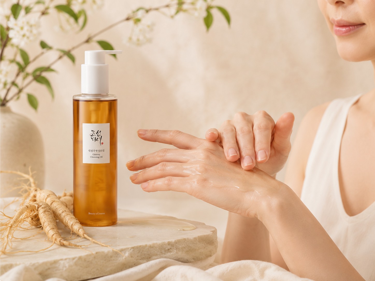 Beauty of Joseon Ginseng Cleansing Oil massée doucement sur la peau pour illustrer un démaquillage avec moins de frottements.