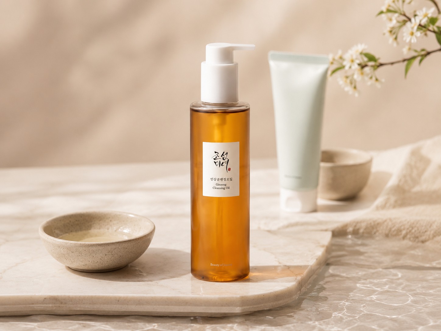 Beauty of Joseon Ginseng Cleansing Oil accompagné d’un nettoyant à base d’eau pour illustrer les deux étapes du double nettoyage.
