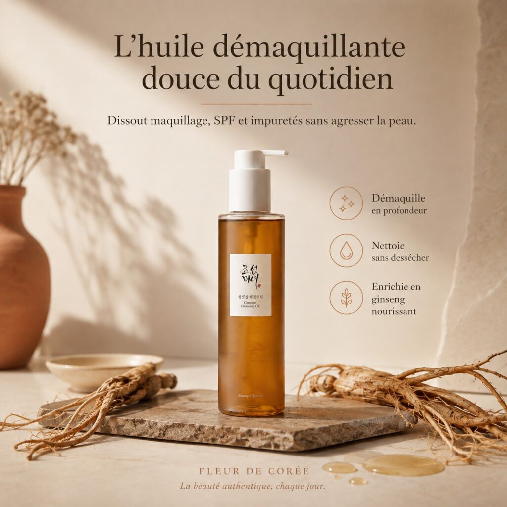 Beauty of Joseon Ginseng Cleansing Oil, huile démaquillante douce pour retirer maquillage, protection solaire et impuretés.