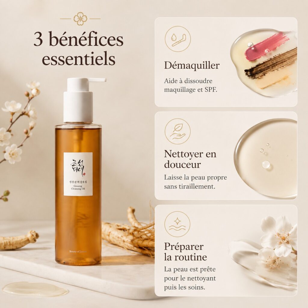 Trois bénéfices du Ginseng Cleansing Oil : démaquiller, nettoyer la peau en douceur et la préparer aux soins suivants