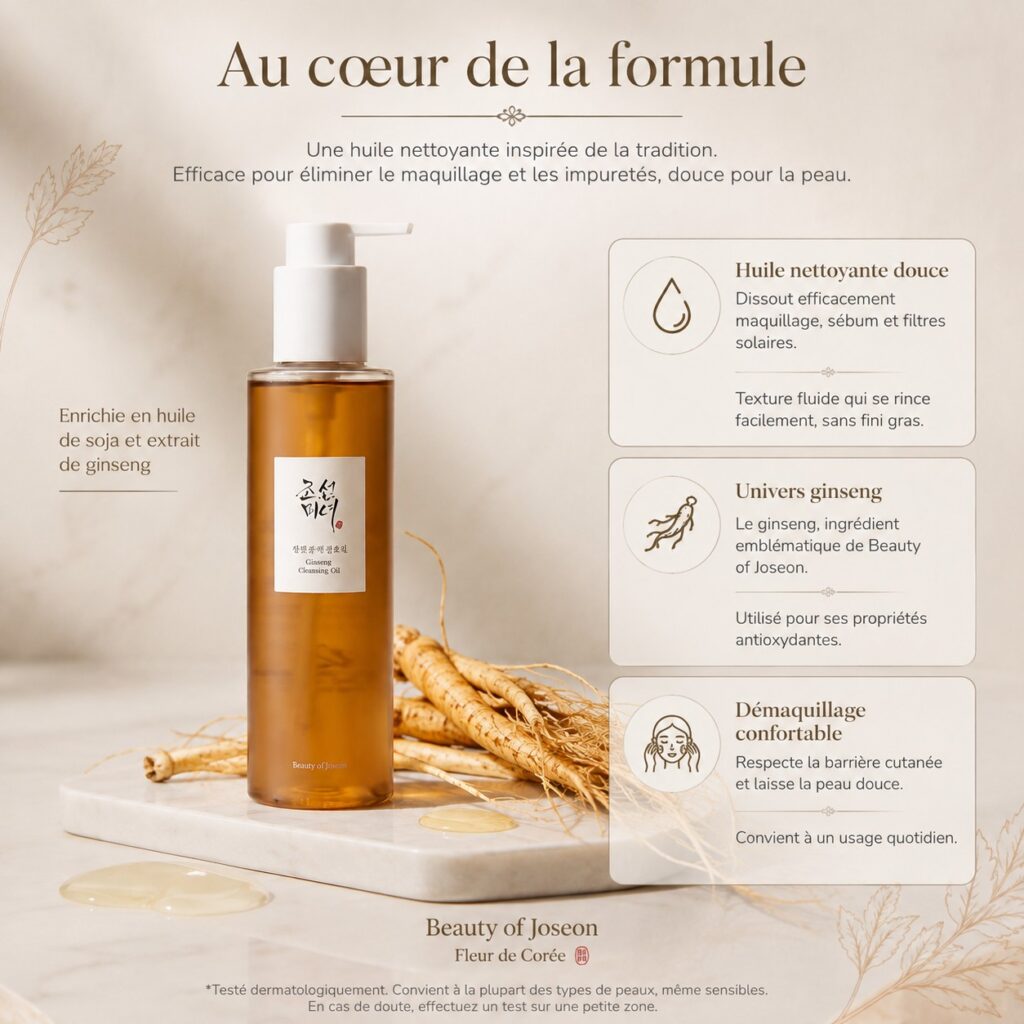 Beauty of Joseon Ginseng Cleansing Oil avec racines de ginseng, présentation de sa texture huileuse et des principaux éléments de sa formule.