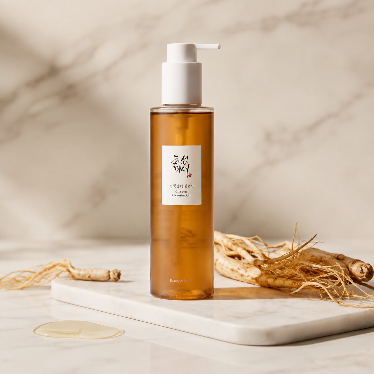Beauty of Joseon Ginseng Cleansing Oil présenté avec des racines de ginseng sur un socle clair dans une mise en scène minimaliste