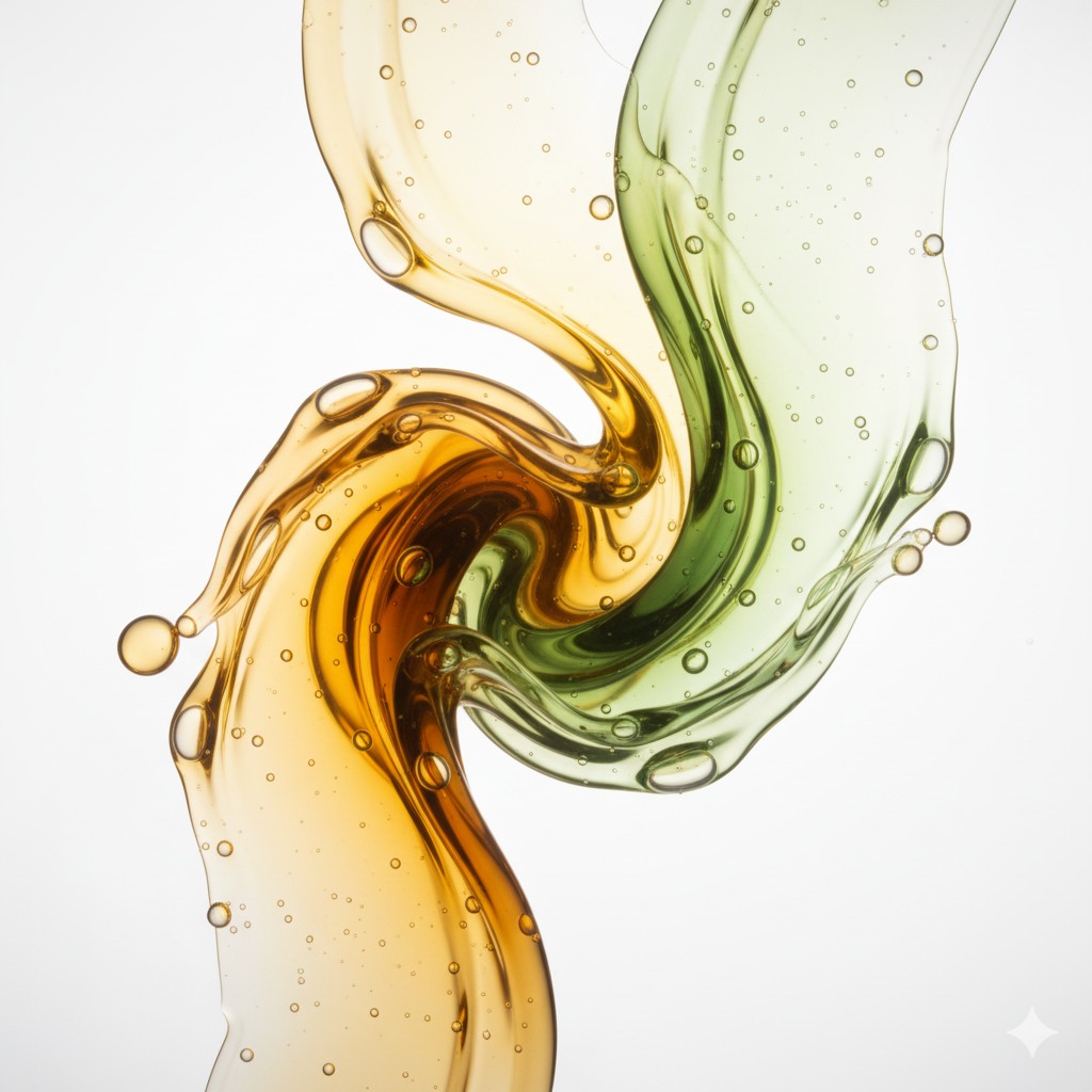 Texture huileuse dorée et translucide inspirée du Beauty of Joseon Ginseng Cleansing Oil dans une composition abstraite aux tons verts et ambrés.
