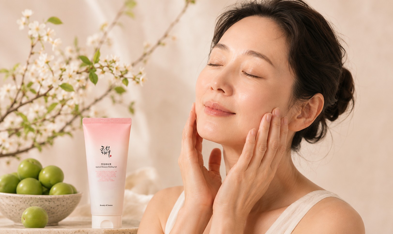 Femme mature touchant son visage après utilisation du Beauty of Joseon Apricot Blossom Peeling Gel.