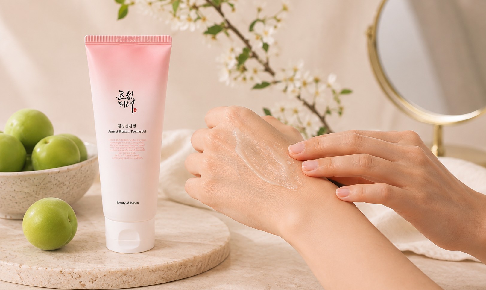 Beauty of Joseon Apricot Blossom Peeling Gel appliqué et massé doucement sur la peau.
