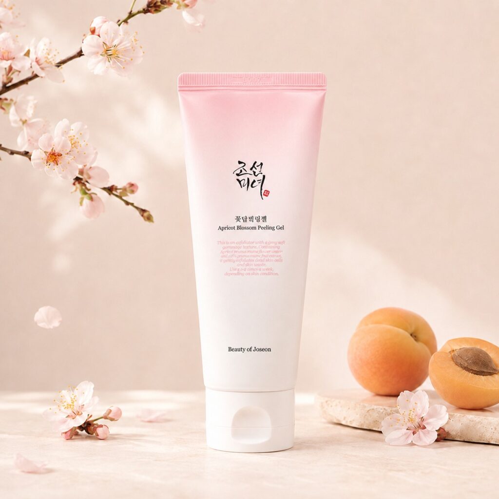 Beauty of Joseon Apricot Blossom Peeling Gel présenté avec fleurs d’abricotier et abricots sur fond crème.