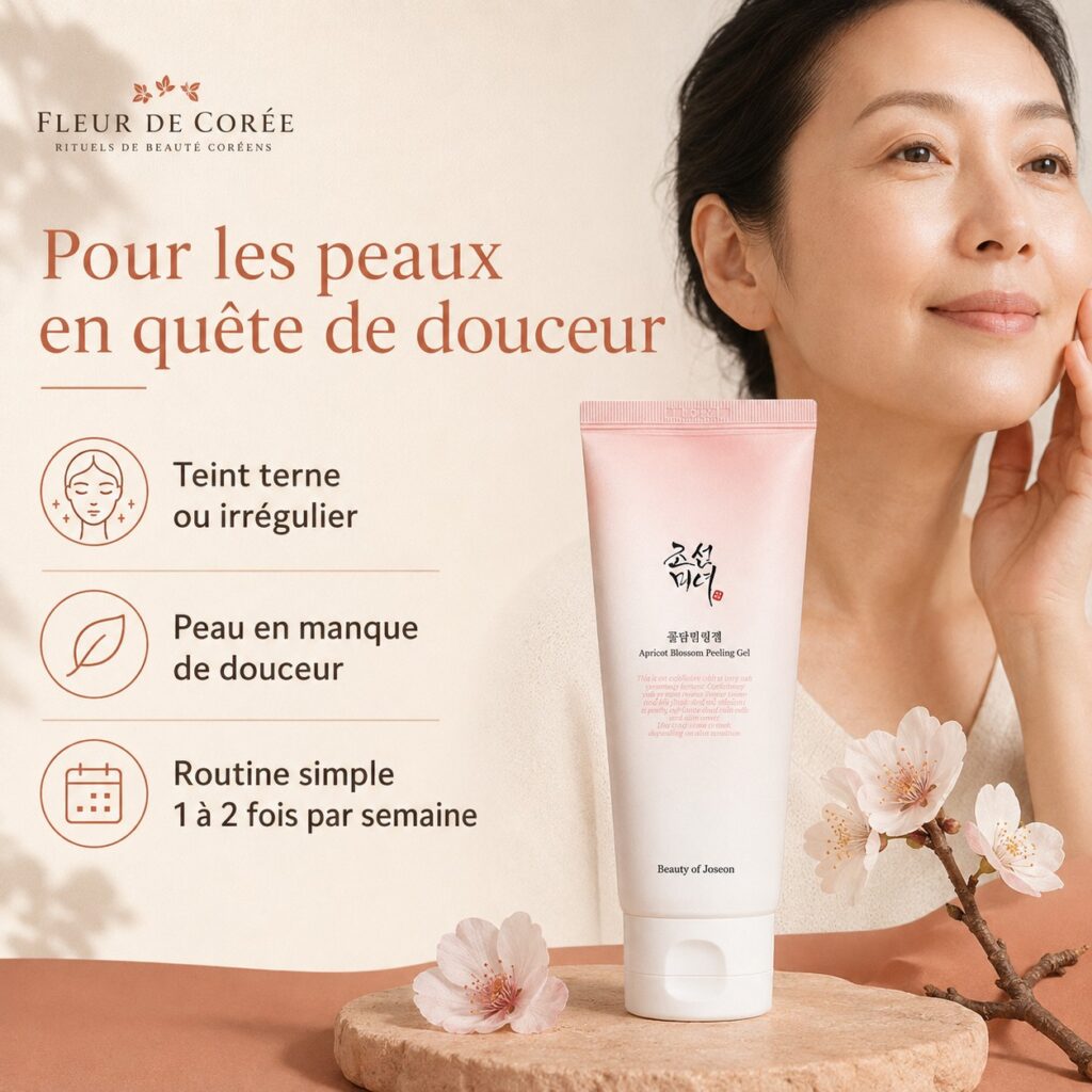 Beauty of Joseon Apricot Blossom Peeling Gel présenté pour les peaux ternes ou irrégulières en quête de douceur.
