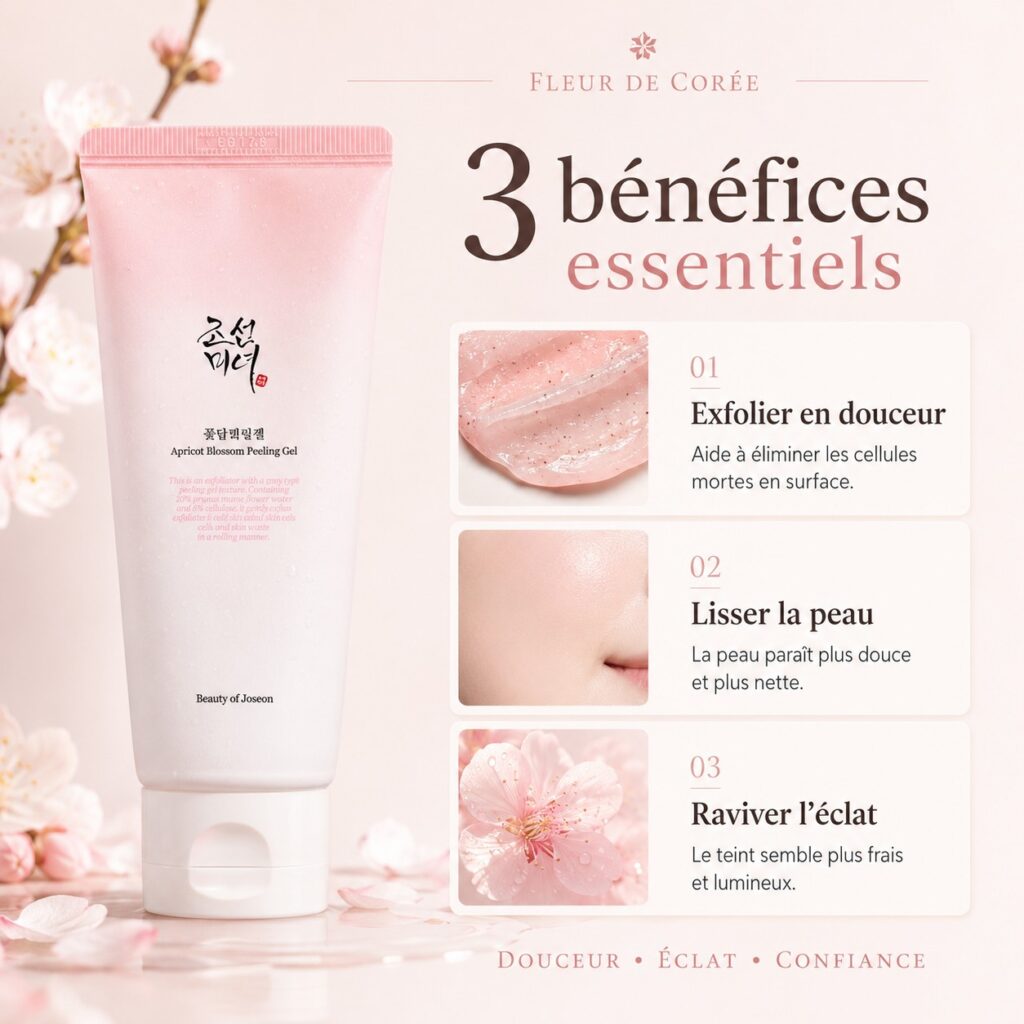 Trois bénéfices du Beauty of Joseon Apricot Blossom Peeling Gel : exfolier en douceur, lisser la peau et raviver l’éclat.