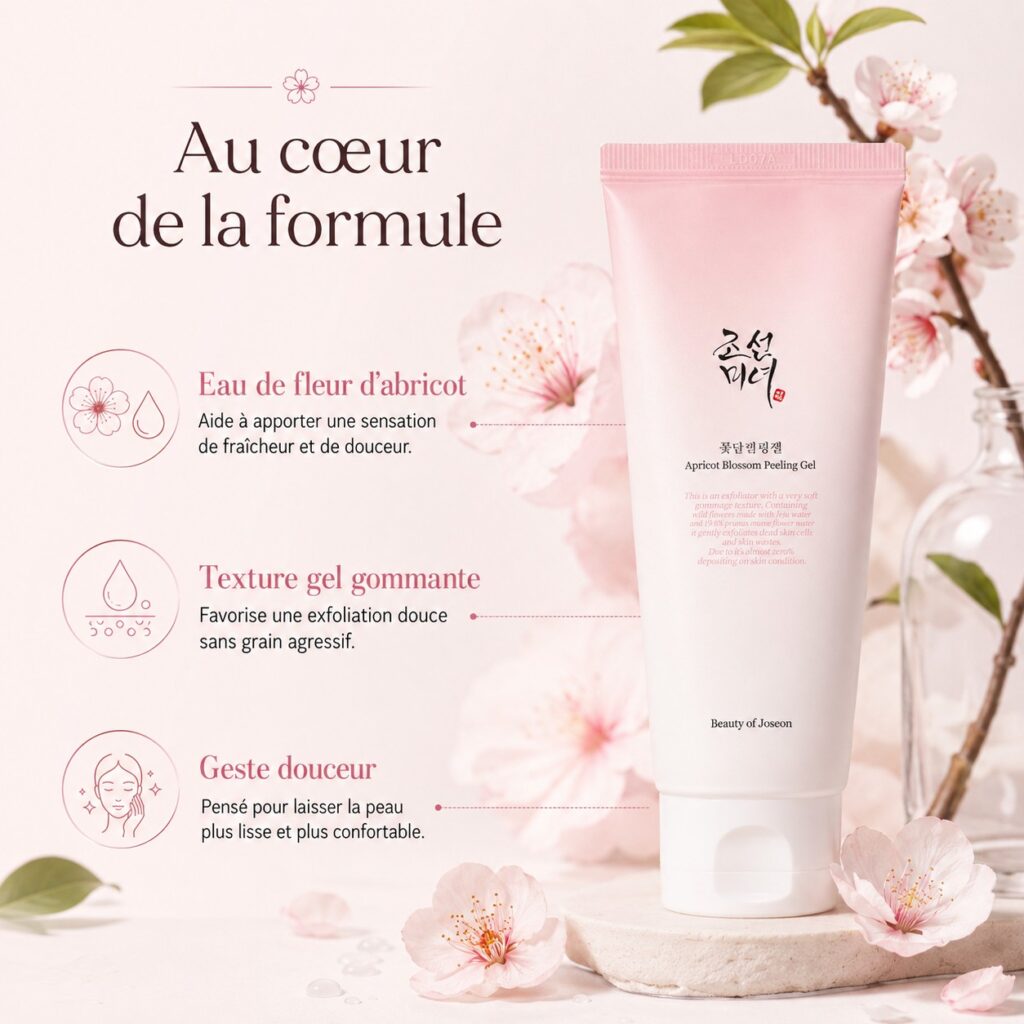 Beauty of Joseon Apricot Blossom Peeling Gel avec eau de fleur d’abricot et texture gel gommante.