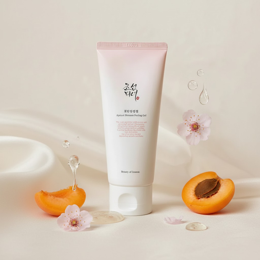 Beauty of Joseon Apricot Blossom Peeling Gel présenté avec abricots et fleurs d’abricotier sur fond crème.