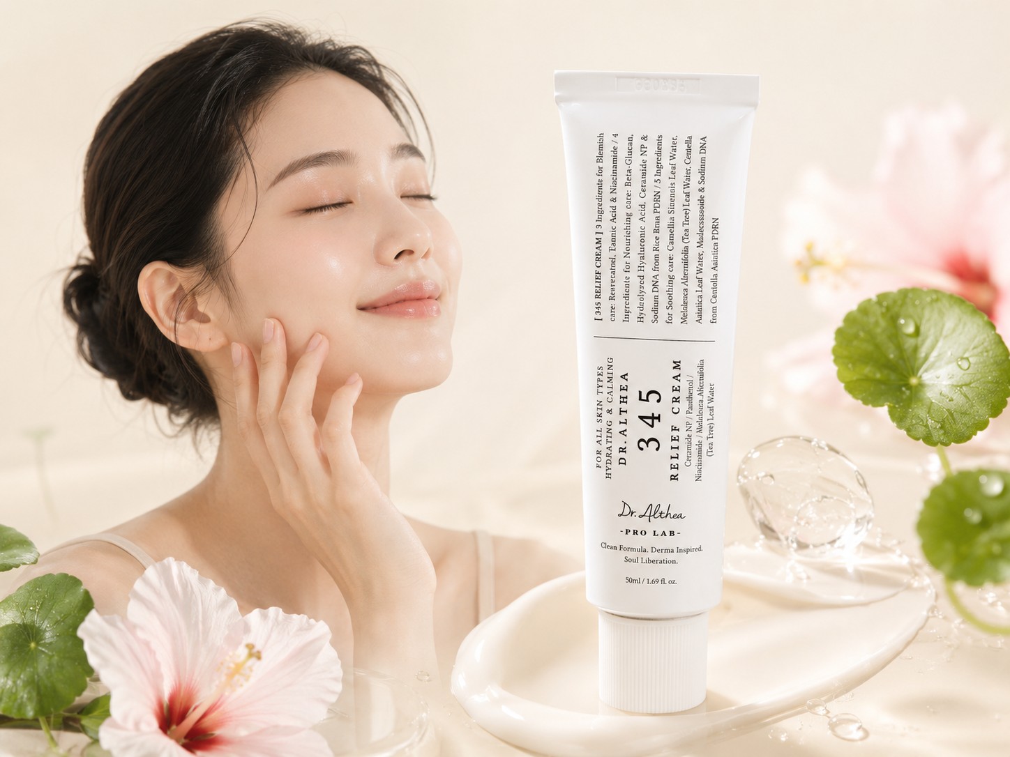 Dr. Althea 345 Relief Cream avec une femme à la peau confortable, entourée de centella et d’hibiscus.