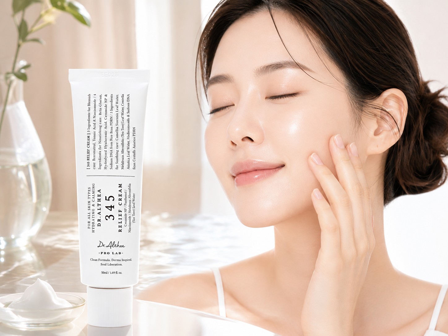 Dr. Althea 345 Relief Cream avec une femme touchant sa peau visiblement souple et hydratée.