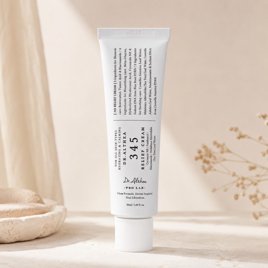 Dr. Althea 345 Relief Cream 50 ml présentée sur un fond beige minimaliste.