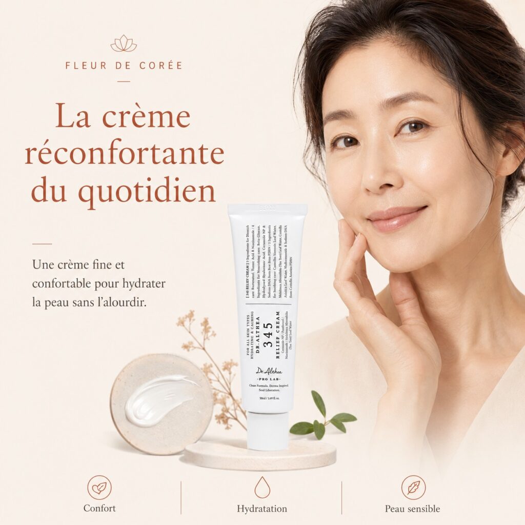 Dr. Althea 345 Relief Cream présentée comme crème quotidienne réconfortante pour hydrater sans alourdir la peau.
