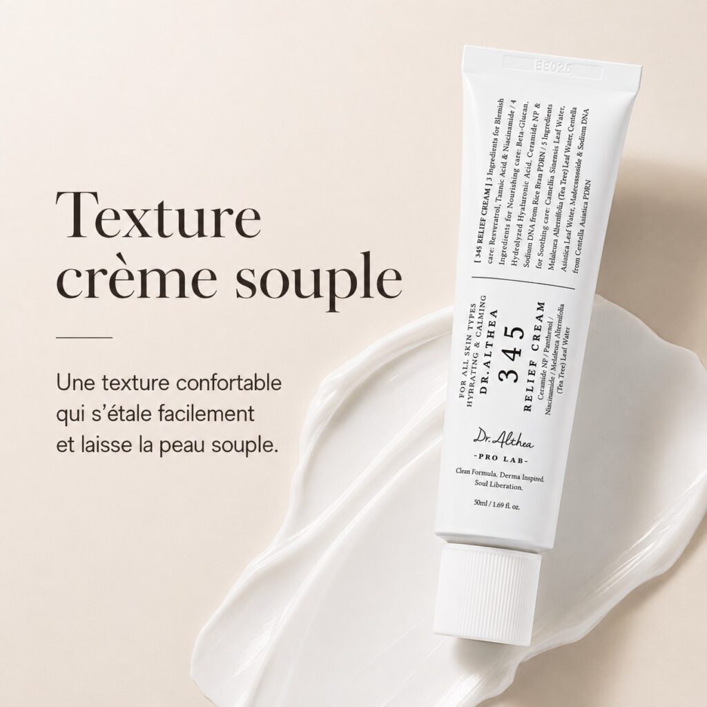 Texture crème souple de la Dr. Althea 345 Relief Cream avec le tube du produit.