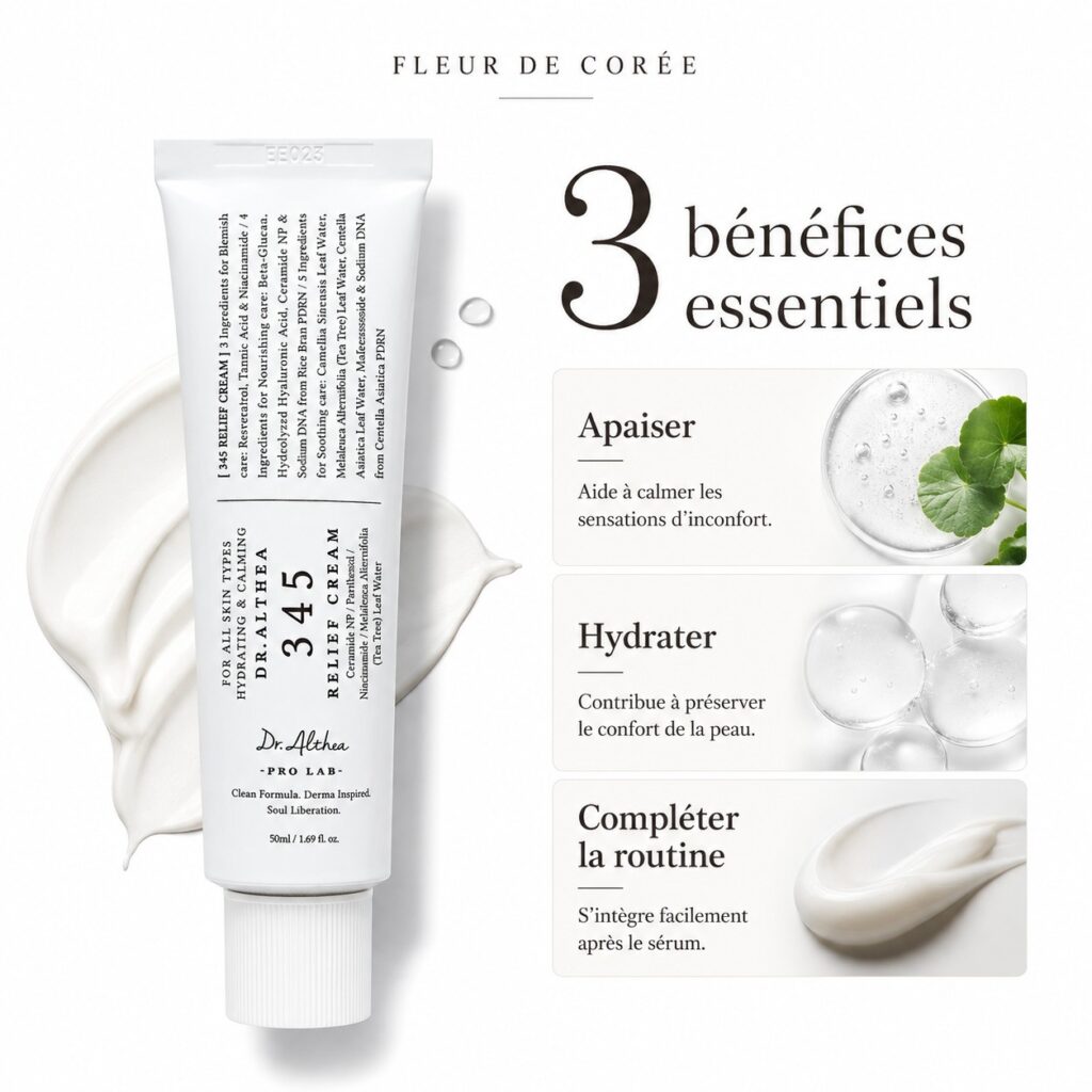 Trois bénéfices de la Dr. Althea 345 Relief Cream : apaiser, hydrater et compléter la routine de soin.