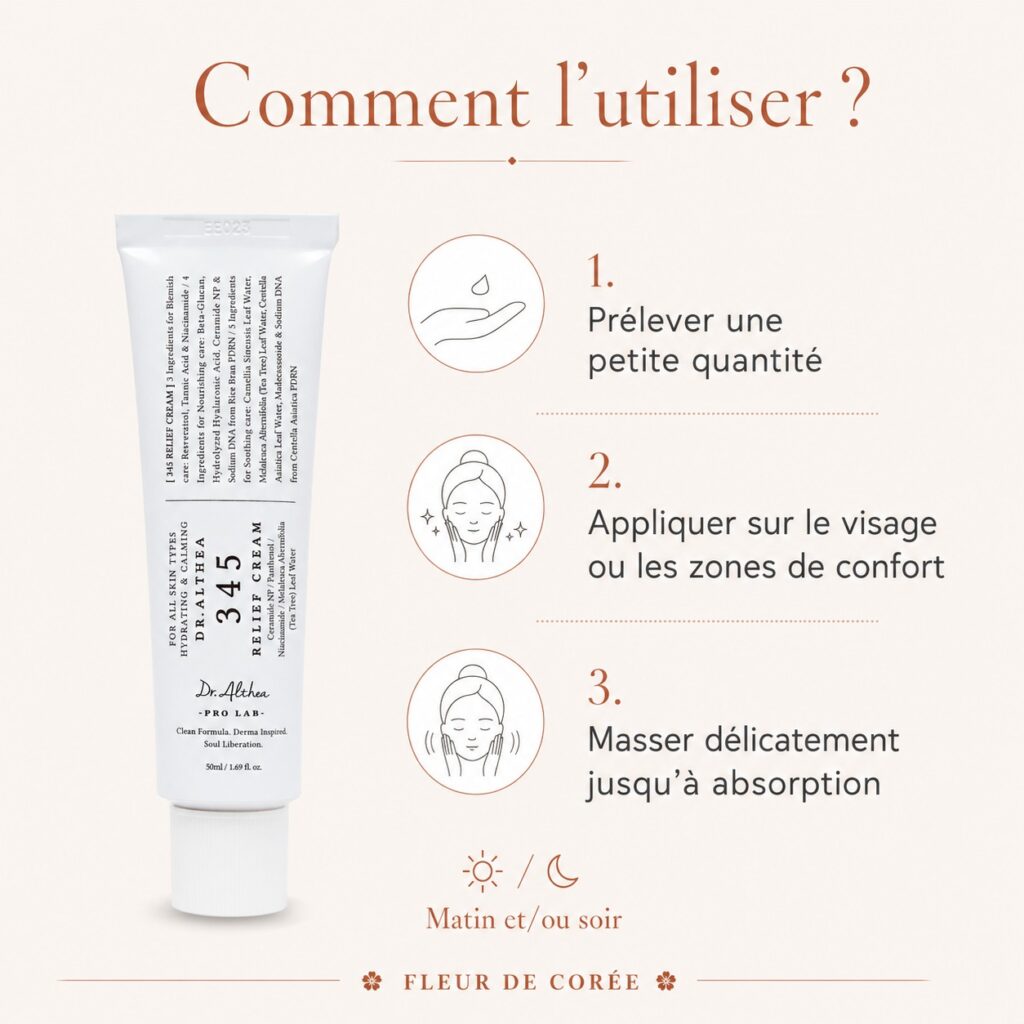 Mode d’emploi de la Dr. Althea 345 Relief Cream : prélever une petite quantité, appliquer puis masser délicatement.