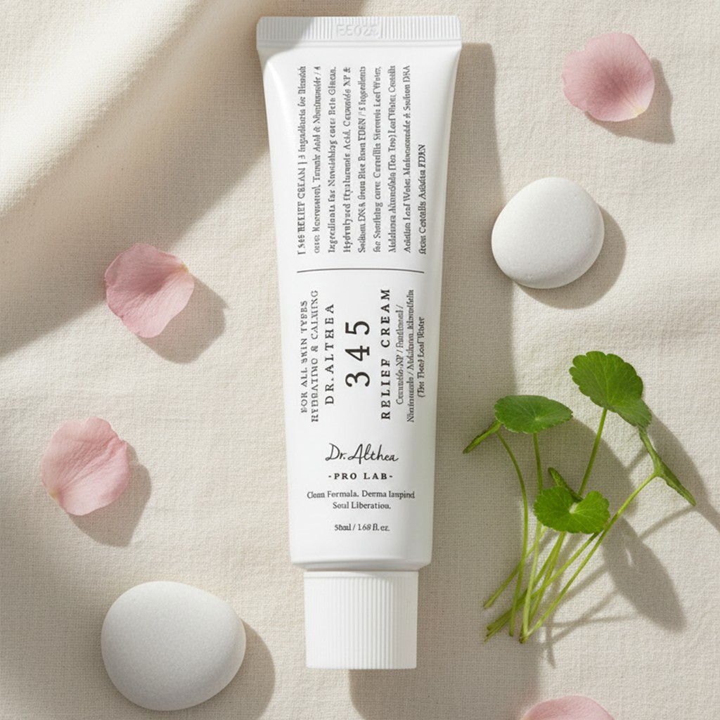 Dr. Althea 345 Relief Cream présentée sur un tissu beige avec feuilles de centella, pétales roses et galets blancs.
