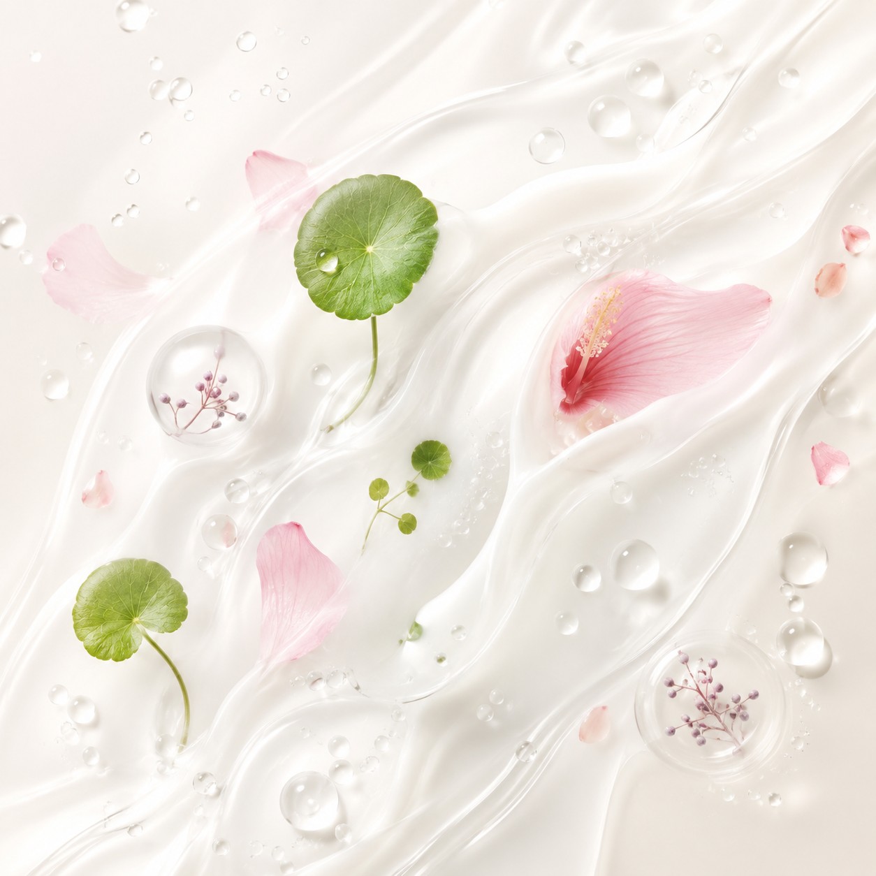 Composition abstraite évoquant la texture hydratante de la Dr. Althea 345 Relief Cream avec centella, hibiscus et gouttes d’eau.