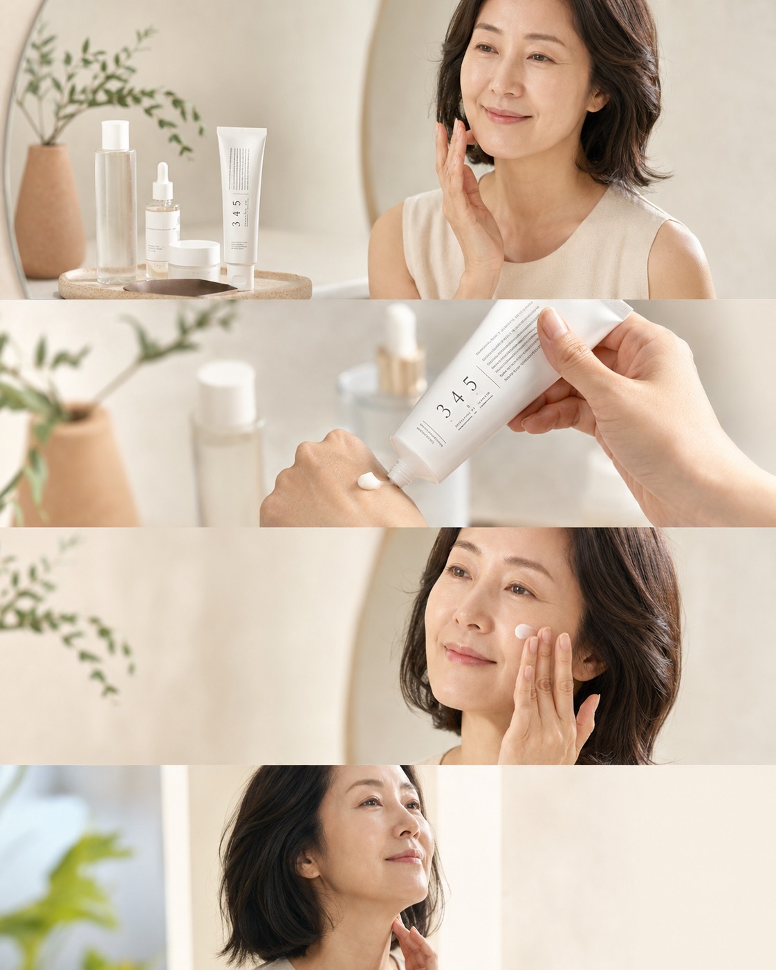Séquence illustrant l’utilisation de la Dr. Althea 345 Relief Cream, du prélèvement de la crème à son application sur le visage et le cou.