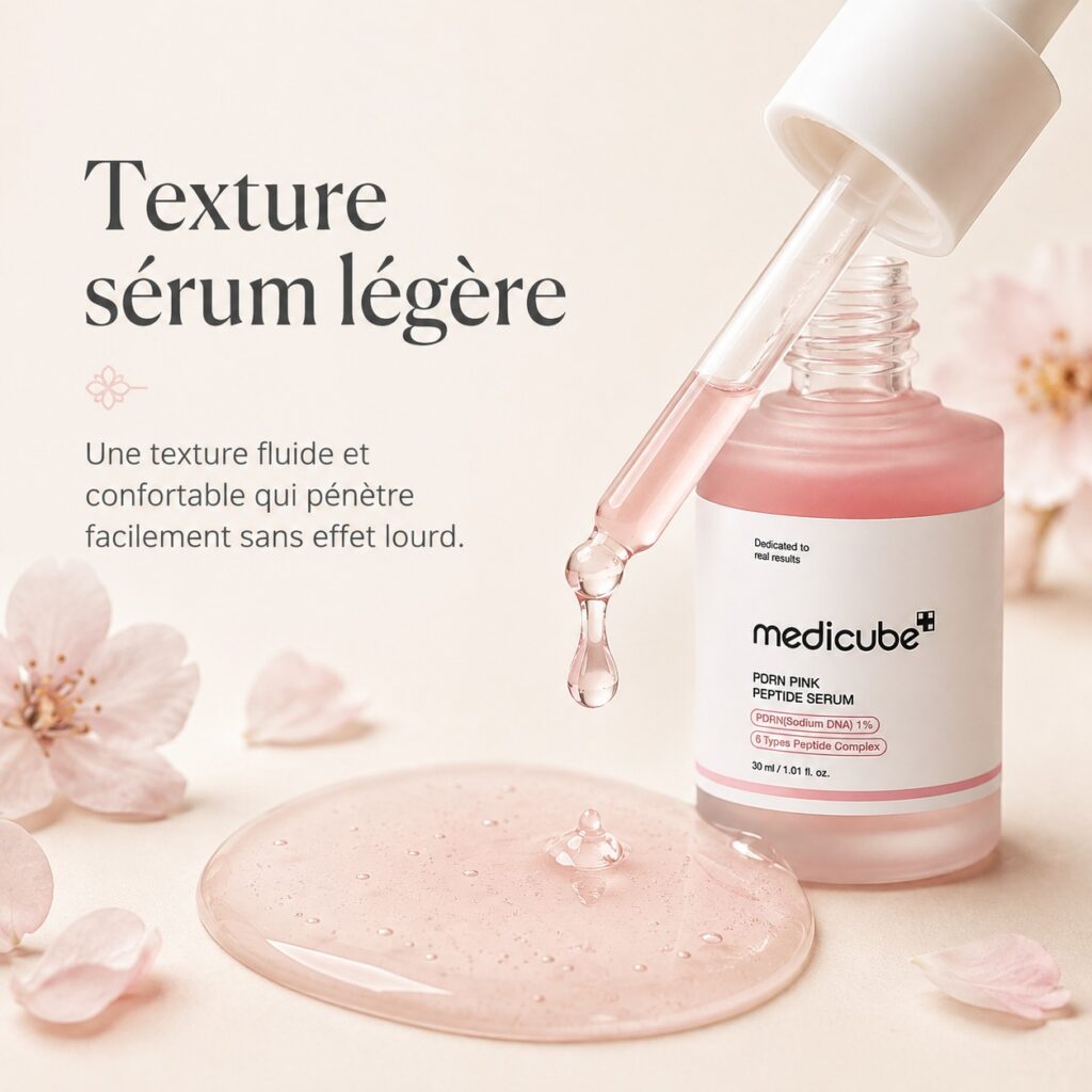 Texture légère et fluide du sérum Medicube PDRN Pink Peptide Serum avec pipette