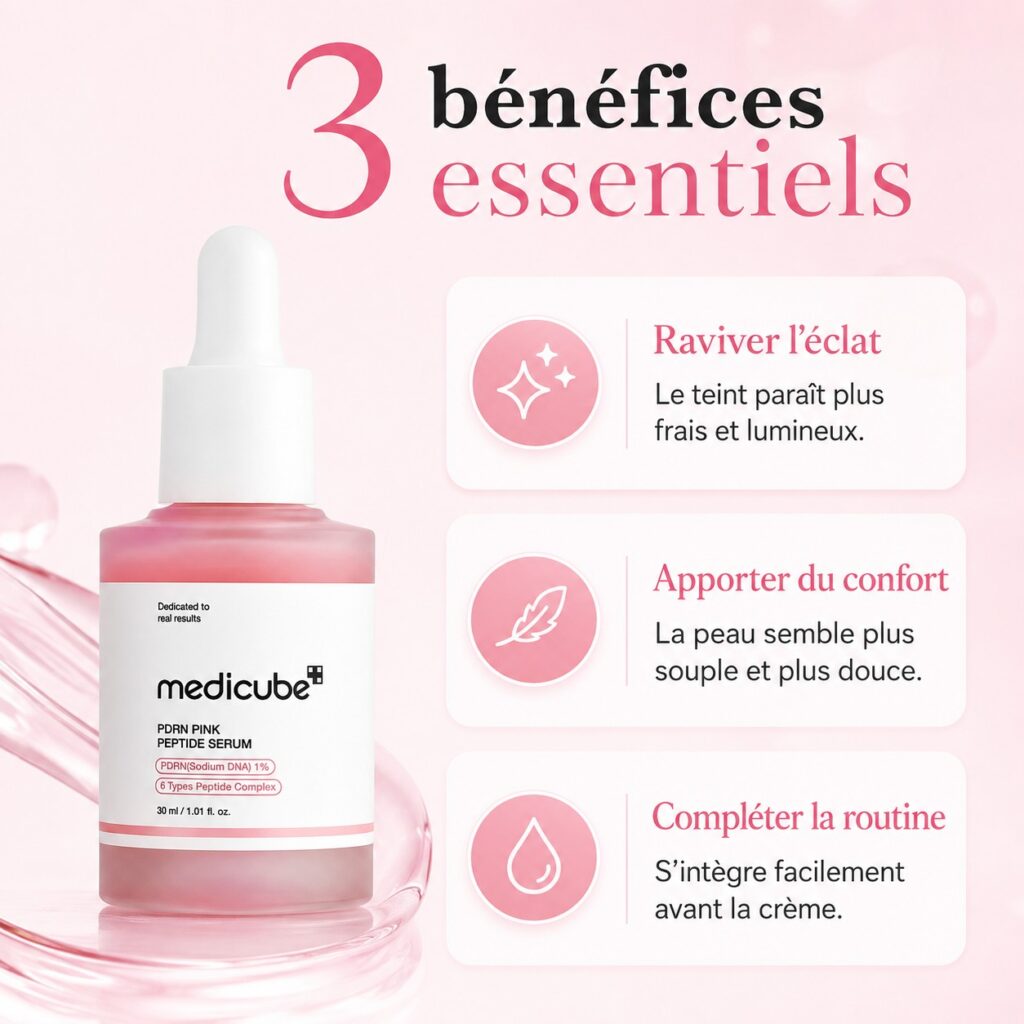 Trois bénéfices du Medicube PDRN Pink Peptide Serum : éclat, confort et intégration facile à la routine