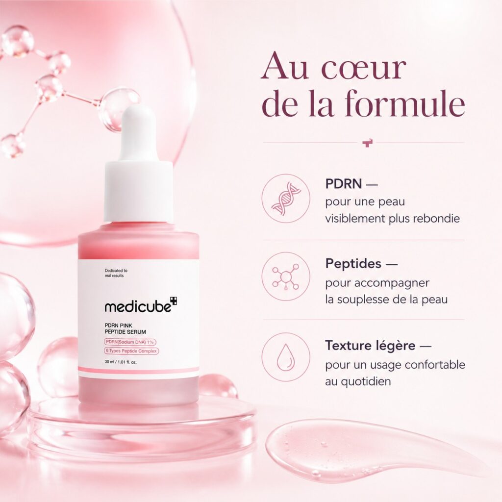 Formule du Medicube PDRN Pink Peptide Serum avec PDRN, peptides et texture légère