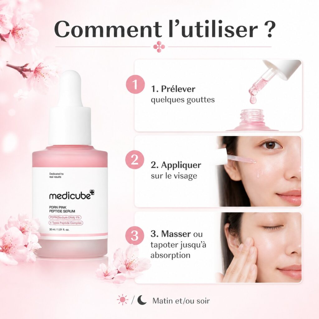 Comment utiliser le Medicube PDRN Pink Peptide Serum en trois étapes matin et soir