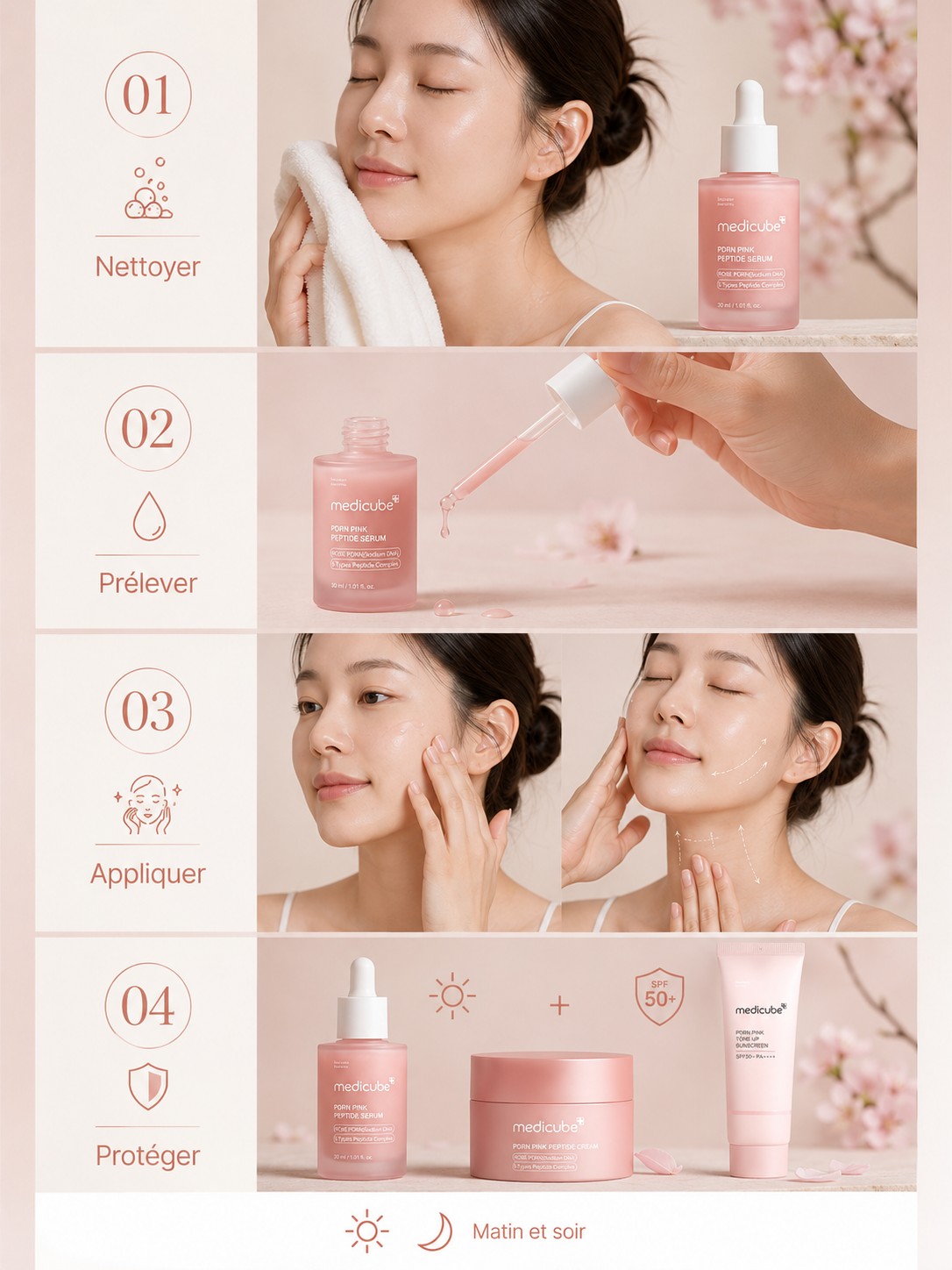 Étapes d’utilisation du Medicube PDRN Pink Peptide Serum : nettoyer, prélever, appliquer puis protéger