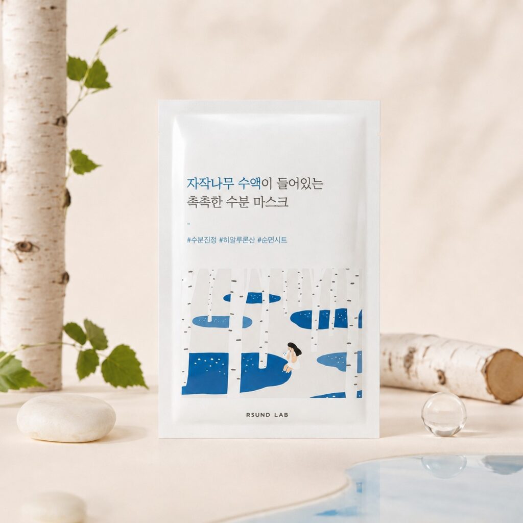 Masque tissu hydratant ROUND LAB Silver Birch Juice présenté avec des branches et troncs de bouleau sur fond crème.
