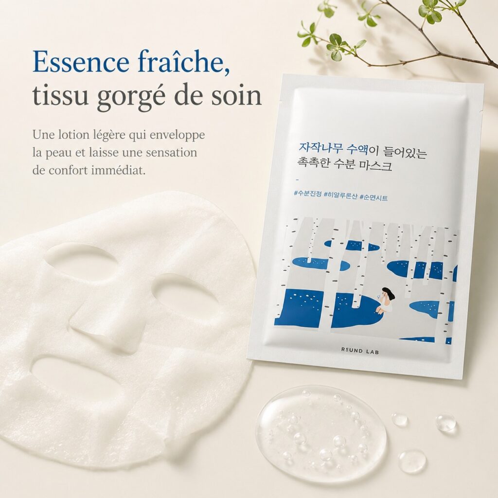 Masque tissu ROUND LAB Silver Birch Juice avec sa texture imbibée d’essence hydratante et fraîche.