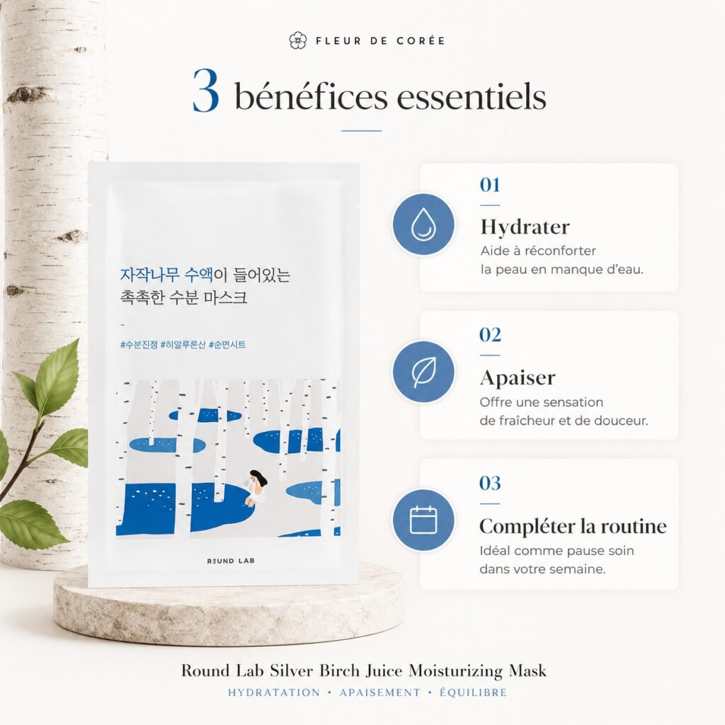 Trois bénéfices du masque ROUND LAB Silver Birch Juice : hydrater, apaiser et compléter la routine de soin.