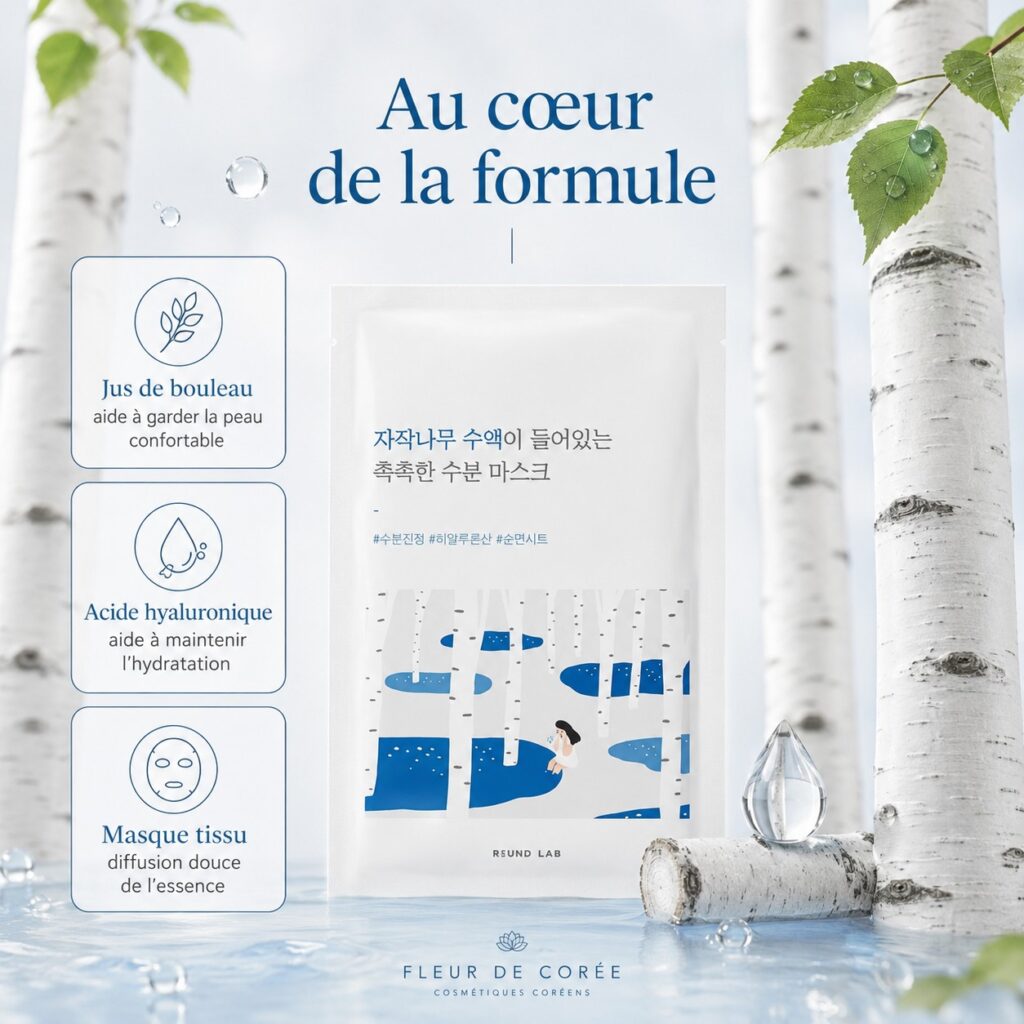 Formule du masque ROUND LAB Silver Birch Juice mettant en avant la sève de bouleau, l’acide hyaluronique et le masque tissu.