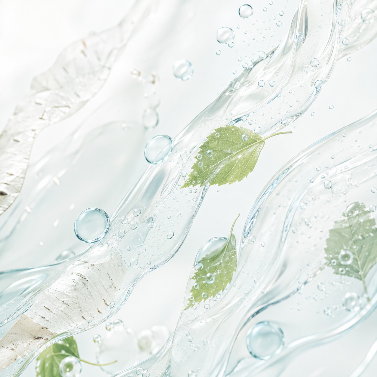 Texture aqueuse et translucide inspirée de la sève de bouleau, avec feuilles de bouleau et gouttelettes.