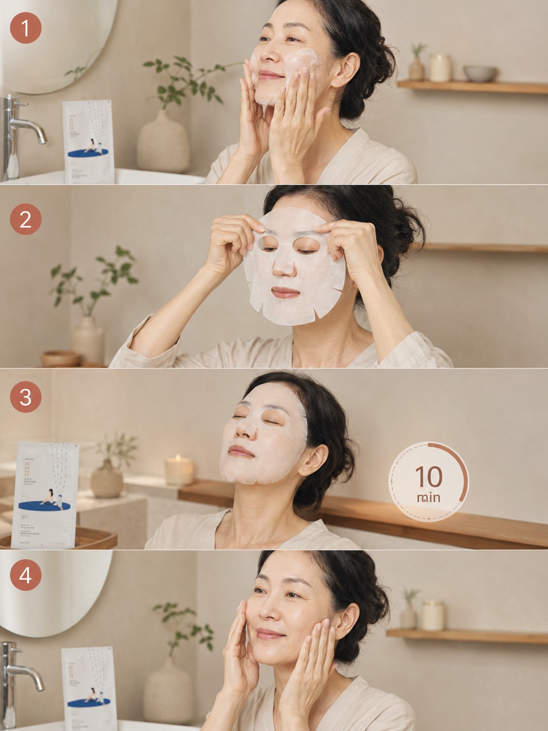 Utilisation du masque ROUND LAB Silver Birch Juice en quatre gestes : préparer la peau, poser le masque, laisser agir 10 minutes puis tapoter l’essence.