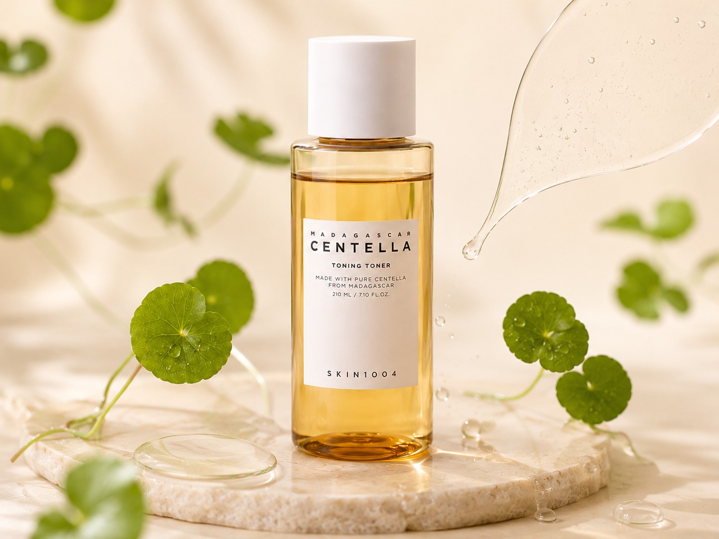 SKIN1004 Madagascar Centella Toning Toner présenté avec feuilles de centella et texture aqueuse transparente.