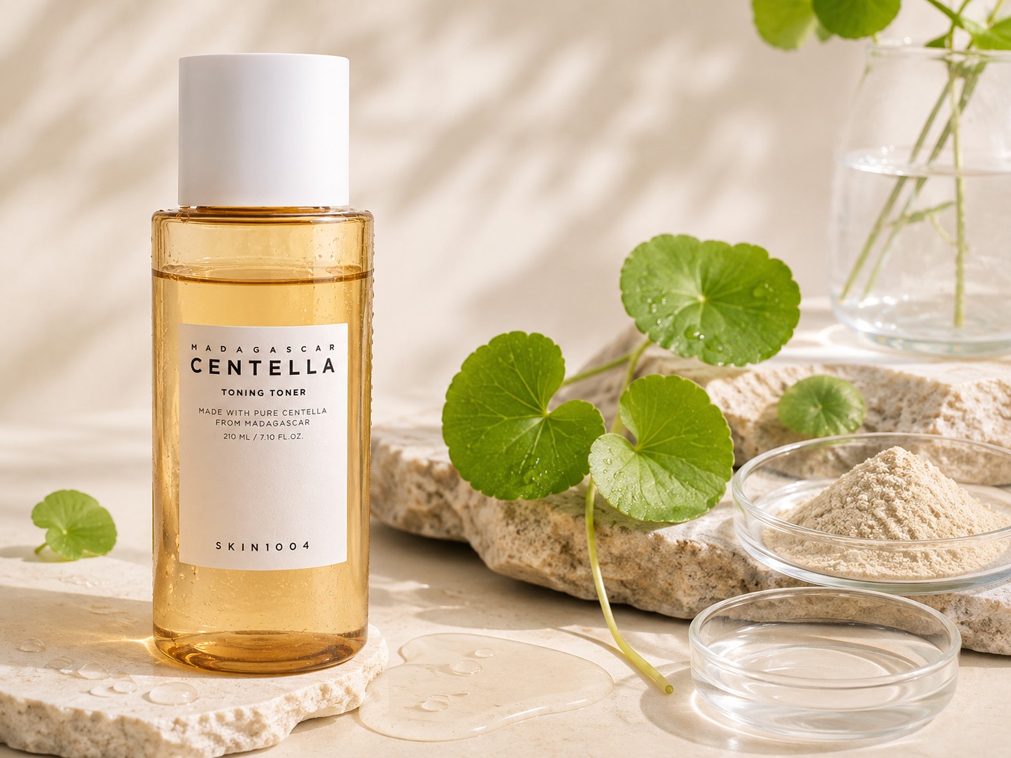 SKIN1004 Madagascar Centella Toning Toner entouré de centella et d’éléments évoquant sa formule apaisante.
