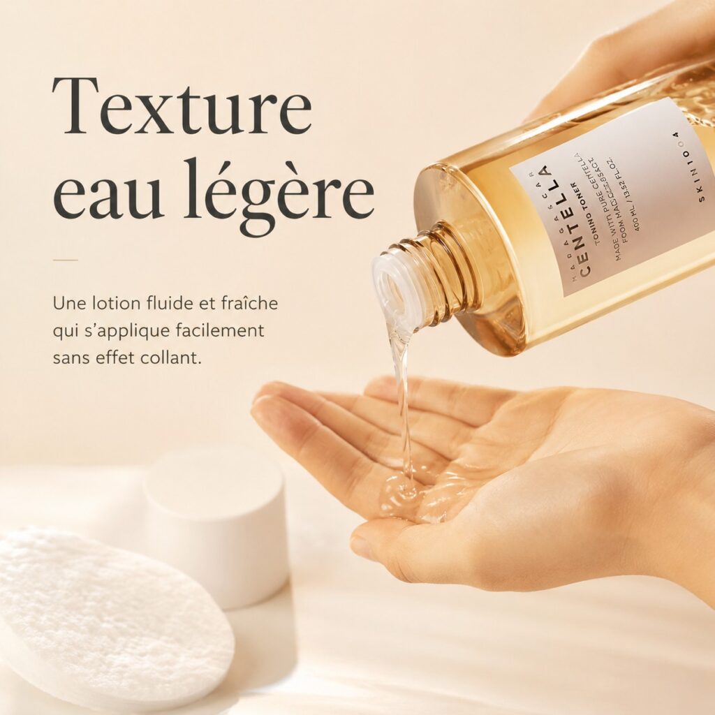 Texture aqueuse légère du SKIN1004 Madagascar Centella Toning Toner versée dans la main.