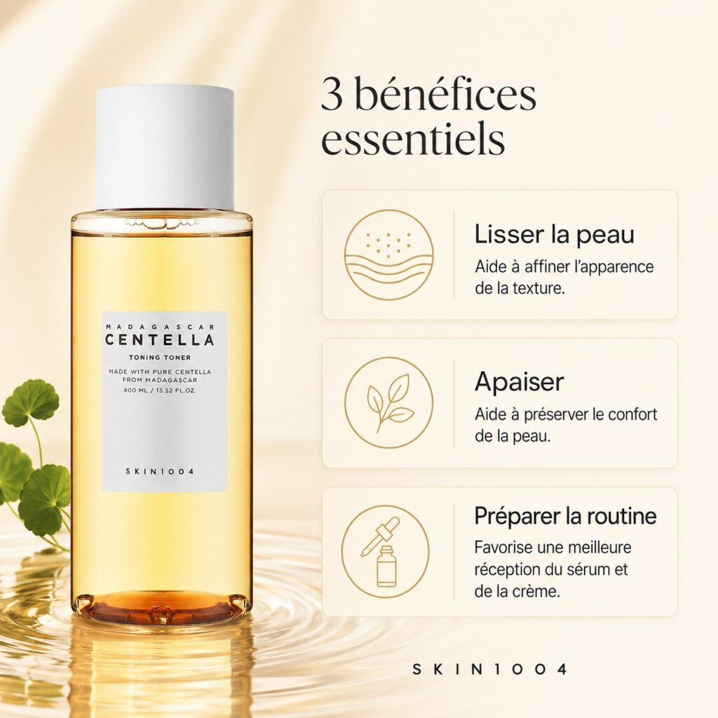Visuel présentant les trois bénéfices essentiels du SKIN1004 Madagascar Centella Toning Toner : lisser, apaiser et préparer la routine.